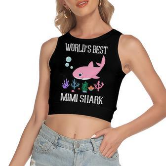 Mimi Grandma Gift Worlds Best Mimi Shark Women's Sleeveless Bow Backless Hollow Crop Top - Seseable