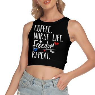 Red White And Blue 4Th Of July Nurse Coffee And Freedom Women's Sleeveless Bow Backless Hollow Crop Top - Seseable