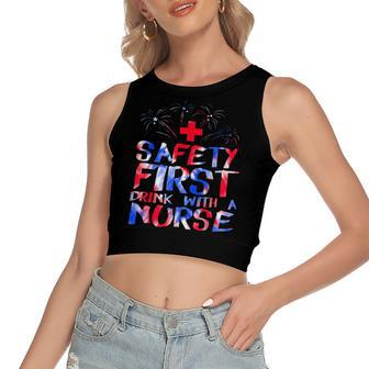 Safety First Drink With A Nurse Patriotic Nurse 4Th Of July Women's Sleeveless Bow Backless Hollow Crop Top - Seseable
