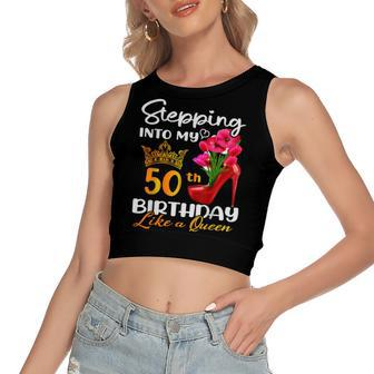 Stepping Into My 50Th Birthday Like A Queen For 50 Years Old Women's Sleeveless Bow Backless Hollow Crop Top - Seseable