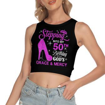 Stepping Into My 50Th Birthday With Gods Grace And Mercy Women's Sleeveless Bow Backless Hollow Crop Top - Seseable