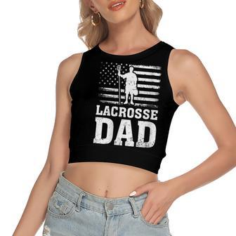 Womens Lacrosse Sports Lover American Flag Lacrosse Dad 4Th Of July Women's Sleeveless Bow Backless Hollow Crop Top - Seseable