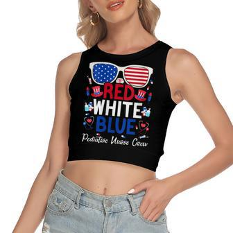 Womens Nurse July 4Th Red White Blue Pediatric Nurse Crew Patriotic Women's Sleeveless Bow Backless Hollow Crop Top - Seseable