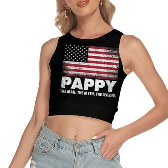 Womens Pappy The Man Myth Legend American Flag Fathers Day July 4Th Women's Sleeveless Bow Backless Hollow Crop Top - Seseable