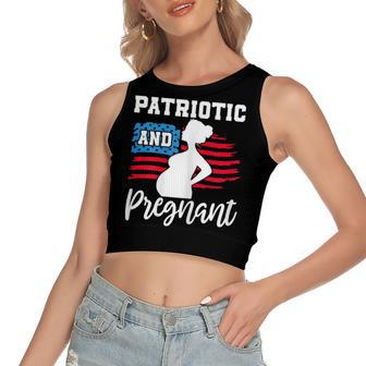 Womens Patriotic And Pregnant Baby Reveal 4Th Of July Pregnancy Women's Sleeveless Bow Backless Hollow Crop Top - Seseable