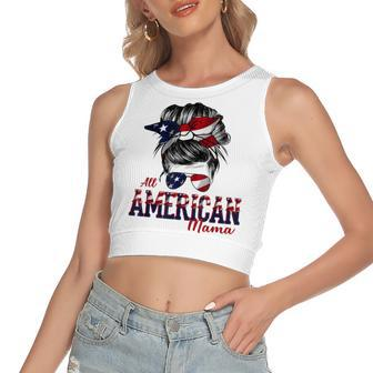 4Th Of July All American Mama Bleached Messy Bun Hair Women's Sleeveless Bow Backless Hollow Crop Top - Seseable