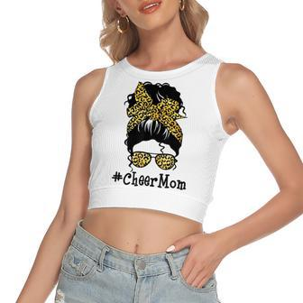 Cheer Mom Leopard Messy Bun Cheerleader Funny Mothers Day V2 Women's Sleeveless Bow Backless Hollow Crop Top - Seseable
