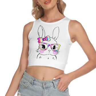 Cute Bunny Rabbit Face Tie Dye Glasses Girl Happy Easter Day Women's Sleeveless Bow Backless Hollow Crop Top | Favorety CA