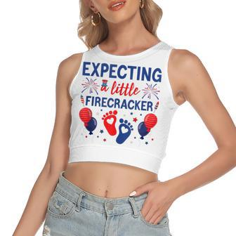 Expecting A Little Firecracker 4Th Of July Pregnancy Reveal Women's Sleeveless Bow Backless Hollow Crop Top - Seseable