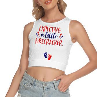 Expecting A Little Firecracker New Mom 4Th Of July Pregnancy Women's Sleeveless Bow Backless Hollow Crop Top - Seseable