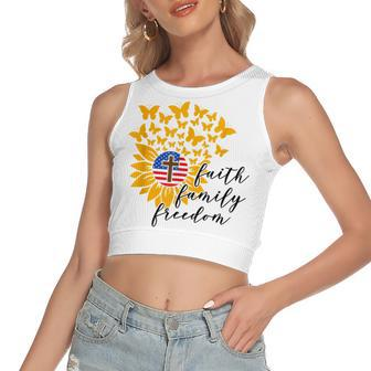 Faith Family Freedom Christian Patriot Sunflower 4Th Of July Women's Sleeveless Bow Backless Hollow Crop Top - Seseable