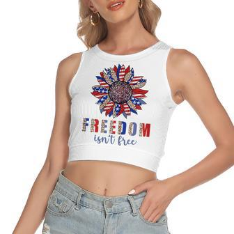 Freedom Isn’T Free Sunflower Memorial Day 4Th Of July Summer Women's Sleeveless Bow Backless Hollow Crop Top - Seseable
