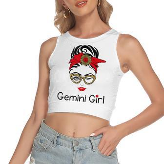 Gemini Girl Leopard Sunflower Zodiac Birthday Girl Women's Sleeveless Bow Backless Hollow Crop Top - Seseable