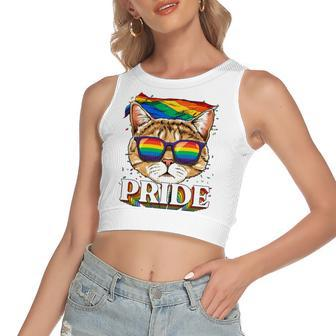 Lgbt Cat Gay Pride Lgbtq Rainbow Flag Sunglasses Women's Crop Top Tank Top | Mazezy