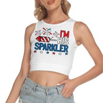 Mens Im His Sparkler Funny 4Th Of July Matching Couples For Her Women's Sleeveless Bow Backless Hollow Crop Top - Seseable