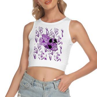 Purple Skull Flower Cool Floral Scary Halloween Gothic Theme Women's Crop Top Tank Top | Mazezy