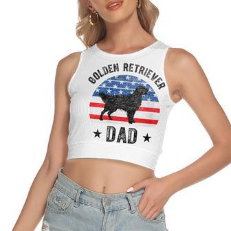 Womens American Flag Golden Retriever Dad 4Th Of July Women's Sleeveless Bow Backless Hollow Crop Top - Seseable