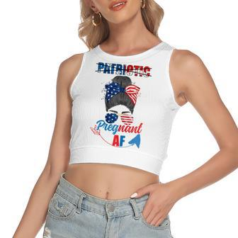 Womens Patriotic Pregnant Af Baby Reveal 4Th Of July Pregnancy V2 Women's Sleeveless Bow Backless Hollow Crop Top - Seseable