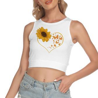 Yellow Flower Sunflowers Heart Butterfly Blossom Sunflower Women's Crop Top Tank Top | Mazezy