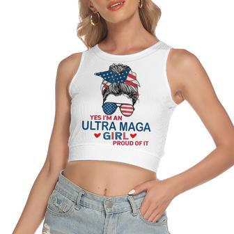 Yes Im An Ultra Maga Girl Proud Of It Usa Flag Messy Bun Women's Crop Top Tank Top | Mazezy