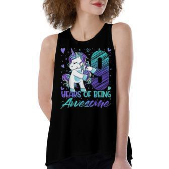 9Th Birthday 9 Year Old Girl Flossing Unicorn Party Women's Loose Fit Open Back Split Tank Top - Seseable