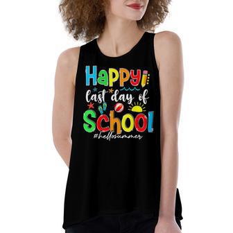 Funny Happy Last Day Of School Hello Summer Multicolored Women's Loose Fit Open Back Split Tank Top | Favorety