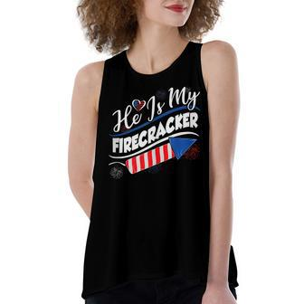 He Is My Firecracker 4Th Of July Funny Matching Couples Women's Loose Fit Open Back Split Tank Top - Seseable