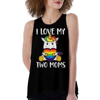 I Love My Two Moms Cute Lgbt Gay Ally Unicorn Girls Kids Women's Loose Fit Open Back Split Tank Top - Seseable