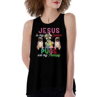 Jesus Is My Savior Pugs Are My Therapy Cute Pugs Easter Eggs Women's Loose Tank Top | Mazezy