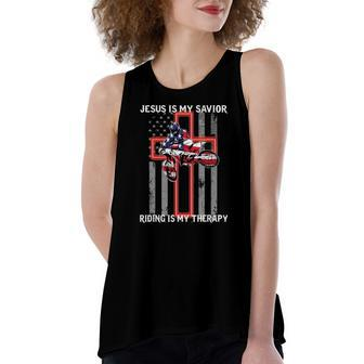 Jesus Is My Savior Riding Is My Therapy Us Flag Women's Loose Tank Top | Mazezy