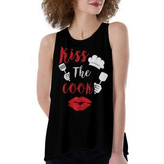 Kiss The Cook Chef Cooking Love Big Red Heart Valentines Day Women's Loose Fit Open Back Split Tank Top - Seseable