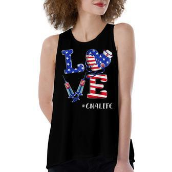 Love Cna Life Nurse 4Th Of July American Flag Patriotic Women's Loose Fit Open Back Split Tank Top - Seseable