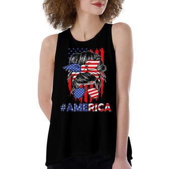 Mom Life Messy Bun America Flag Mothers Day Gift 4Th Of July Women's Loose Fit Open Back Split Tank Top - Seseable