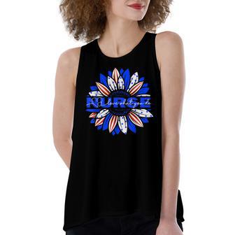 Nurses American Flag Sunflowers Happy 4Th Of July Day Women's Loose Fit Open Back Split Tank Top - Seseable