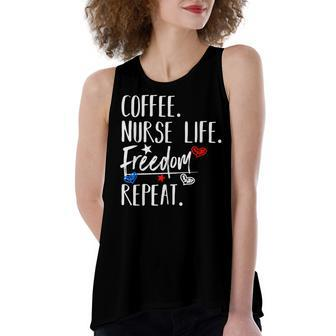 Red White And Blue 4Th Of July Nurse Coffee And Freedom Women's Loose Fit Open Back Split Tank Top - Seseable