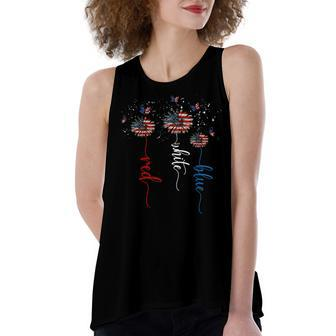 Red White Blue Sunflower Butterfly Patriotic 4Th Of July Women's Loose Fit Open Back Split Tank Top - Seseable