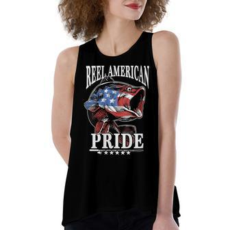 Womens Bass Fishing 4Th Of July Fisherman Dad Usa American Flag Women's Loose Fit Open Back Split Tank Top - Seseable