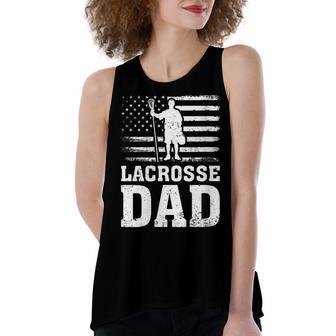 Womens Lacrosse Sports Lover American Flag Lacrosse Dad 4Th Of July Women's Loose Fit Open Back Split Tank Top - Seseable