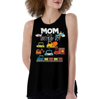 Womens Mom Of The Birthday Boy Family Matching Train Car Fire Truck Women's Loose Fit Open Back Split Tank Top - Seseable