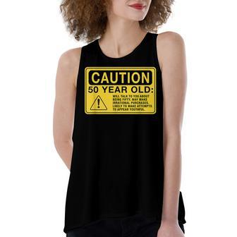 Yellow Caution Sign Funny 50Th Birthday Turning Fifty Women's Loose Fit Open Back Split Tank Top - Seseable