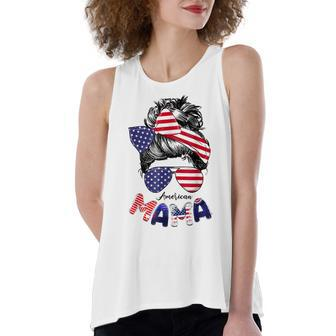4Th Of July American Mama Messy Bun Mom Life Patriotic Mom Women's Loose Fit Open Back Split Tank Top - Seseable