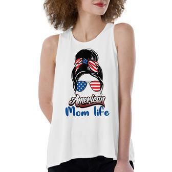 4Th Of July American Mom Life Messy Bun American Mom Life Women's Loose Fit Open Back Split Tank Top - Seseable