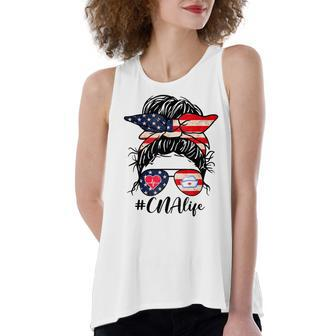 American Cna Life Messy Bun Usa Flag 4Th Of July Women's Loose Fit Open Back Split Tank Top - Seseable