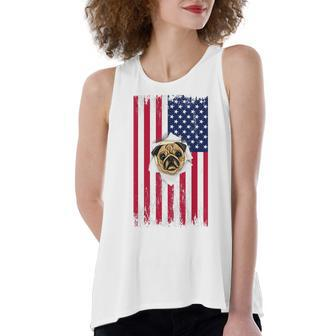 Cute Pug Face & American Flag – 4Th Of July Pug Dad Pug Mom Women's Loose Fit Open Back Split Tank Top - Seseable
