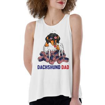 Dachshund Dad Beer Drinking 4Th Of July Us Flag Patriotic Women's Loose Fit Open Back Split Tank Top - Seseable
