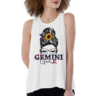 Gemini Girl Birthday Messy Bun Hair Sunflower  Women's Loose Fit Open Back Split Tank Top