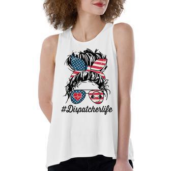 Womens Dispatcher Messy Bun American Us Flag 4Th Of July Women's Loose Fit Open Back Split Tank Top - Seseable