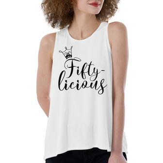 Womens Fiftylicious Crown 50Th Birthday For Her Queen Fifty-Licious Women's Loose Fit Open Back Split Tank Top - Seseable