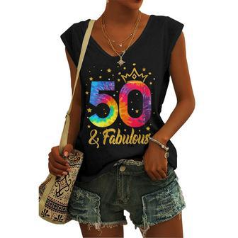Womens Women 50 & Fabulous Happy 50Th Birthday Crown Tie Dye Women's Vneck Tank Top - Seseable