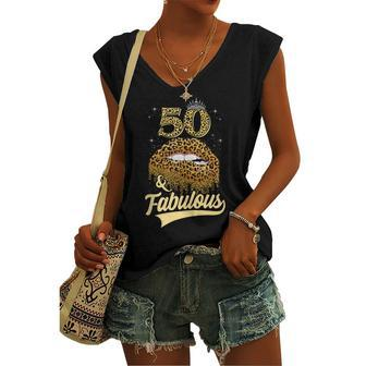 50 And Fabulous Queen Happy Birthday 50Th Leopard Sexy Lips Women's Vneck Tank Top - Seseable